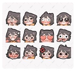  1girl animal_ears black_eyes brown_hair cat_ears chibi emoji fang heart heart-shaped_eyes heart-shaped_pupils highres image_sample laughing medium_hair mole mole_under_eye multiple_persona original pointing pointing_at_viewer possi_(possummachine) possummachine round_eyewear sample_watermark sitting symbol-shaped_pupils watermark white_background 