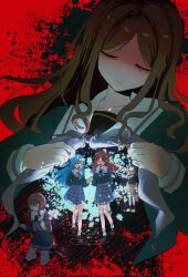  2girls bang_dream! bang_dream!_it's_mygo!!!!! birthday1730225 blue_hair brown_hair closed_eyes full_body highres holding_hands kneeling loafers long_hair multiple_girls nagasaki_soyo neckerchief open_mouth paint_splatter plaid_clothes plaid_skirt red_background sailor school shoes skirt socks togawa_sakiko undressing yuri 