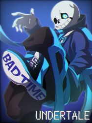  1boy 2021 2d alternate_costume aura black_pants black_shoes blue_background blue_eyes blue_shoes blue_sweatshirt chromatic_aberration copyright_name digital_media dynamic_pose effort_kai foot_out_of_frame gloves glowing glowing_eye hand_in_pocket highres hollow_eyes humanoid male male_focus male_only monster monster_boy pants sans_(undertale) shoes simple_background single_vertical_stripe skeleton sneakers solo striped_pants sweatshirt teeth text two-tone_shoes undead undertale utdr_(toby_fox) vertical-striped_clothes vertical-striped_pants white_gloves white_stripes 