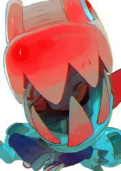  absurdres bell-bottoms blue_claws blue_skin brown_hair claws closed_eyes closed_mouth colored_skin crocodilian crossed_legs fangs feraligatr green_jacket harmony_(pokemon) hat highres hood hood_up hug jacket kengyou_lei long_sleeves mega_feraligatr mega_pokemon open_mouth pants pokemon pokemon_(creature) pokemon_legends:_z-a sharp_teeth shoes simple_background skin_fangs smile socks spikes striped_hat teeth white_background white_hat white_socks 