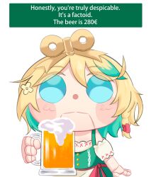  1girl alcohol arvarosart barmaid beer beer_mug blonde_hair blue_eyes blue_hair cecilia_immergreen colored_inner_hair cup doll_joints dress english_commentary english_text green_dress highres holding holding_cup hololive hololive_english joints looking_at_viewer mug multicolored_hair solo virtual_youtuber winding_key 