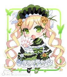  1girl :o asymmetrical_footwear black_capelet black_flower black_rose blonde_hair bonnet bow bug butterfly capelet dress dress_flower flower flower-trimmed_dress flower_trim frilled_dress frills full_body green_bow green_dress green_eyes green_shoes hair_flower hair_ornament hand_fan holding holding_fan lolita_fashion long_hair long_sleeves looking_at_viewer magical_girl mahou_shoujo_no_majo_saiban mismatched_footwear open_mouth quad_tails rose shikito_(yawa0w0) shoes solo tono_hanna twintails v-shaped_eyebrows very_long_hair watermark white_background white_flower white_rose yellow_flower yellow_rose 