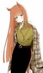  1girl alternate_costume aqua_eyes belt black_skirt blunt_bangs coat coat_on_shoulders commentary english_commentary green_sweater highres horse_girl horseshoe_ornament long_hair long_sleeves looking_at_viewer orange_hair plaid_clothes plaid_coat pof_(peuplierpof) silence_suzuka_(umamusume) simple_background skirt smile solo sweater umamusume white_background 