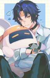  1boy 1other asaba_harumasa asaboo_(zenless_zone_zero) bangboo_(zenless_zone_zero) black_hair black_pants blue_background checkered_background choker closed_mouth commentary gloves headband heart highres hug looking_at_viewer male_focus pants parted_bangs rena2702 shirt short_hair sitting sleeves_rolled_up twitter_username white_shirt yellow_eyes yellow_gloves yellow_headband zenless_zone_zero 