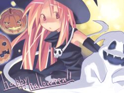  1girl :o archived_source asami_natsuhito bare_shoulders black_dress black_gloves black_hat collared_dress dress elbow_gloves english_text ghost gloves half-closed_eyes halloween happy_halloween hat high_collar jack-o'-lantern jaggy_lines jewelry long_hair looking_at_another lowres necklace no_sclera open_mouth orange_eyes orange_hair original pumpkin simple_background skull_necklace sleeveless sleeveless_dress straight_hair two-tone_background very_long_hair witch witch_hat 