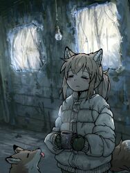  1girl absurdres animal animal_ears brown_hair closed_eyes cup floor fox fox_ears fox_girl fox_girl_(yihan_world) fox_tail gloves green_gloves highres indoors jacket light_bulb mug original padded_jacket ponytail steam tail toggles tongue tongue_out yihan_world 