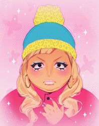  1girl aegyo_sal alternate_design alternate_hairstyle animal_print artist_name beanie black_eyes blonde_hair blue_eyeshadow blue_hat blush closed_mouth drawn_flower earrings english_commentary eric_cartman eyelashes eyeshadow face_piercing fat film_grain fingernails four-pointed_star genderswap genderswap_(mtf) gold_earrings gyaru gyaru_makeup hair_over_shoulder halftone halftone_background hand_on_own_chest hat highres hoop_earrings jacket jewelry leopard_print long_fingernails long_hair makeup meme mouth_piercing nail_art nail_polish noisykoala piercing pink_background pink_jacket pink_lips pink_nails pink_theme pom_pom_(clothes) pom_pom_beanie portrait sketch south_park tan two-tone_hat v-shaped_eyebrows wavy_hair yellow_hat 