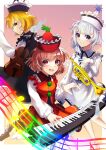  3girls black_headwear black_skirt black_vest blonde_hair border brown_eyes brown_hair closed_mouth collared_shirt commentary_request floating floating_object happy highres instrument keyboard_(instrument) long_sleeves looking_at_viewer lunasa_prismriver lyrica_prismriver merlin_prismriver multiple_girls music open_mouth pink_background pink_headwear pink_skirt pink_vest playing_instrument pointy_hat red_headwear red_skirt red_vest shirt short_hair siblings sisters skirt smile touhou trumpet vest violet_eyes violin wankosoradayo white_border white_hair white_shirt yellow_eyes 