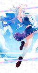  1girl a_ji alternate_costume aqua_hair armpits arms_up clouds elira_pendora hair_ornament hair_over_one_eye hairclip head_wings hidden_eyes highres jumping long_hair necktie nijisanji nijisanji_en sailor_collar shoujo_rei_(vocaloid) skirt sky sleeveless solo virtual_youtuber 