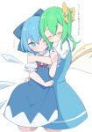  2girls bangs blue_bow blue_dress blue_eyes blue_hair bow burumanoeat cirno closed_eyes closed_mouth daiyousei dress eyebrows_visible_through_hair green_hair hair_bow highres hug ice ice_wings multiple_girls one_eye_closed pinafore_dress puffy_short_sleeves puffy_sleeves shirt short_hair short_sleeves side_ponytail simple_background smile standing touhou translation_request white_background white_shirt wings yellow_bow 