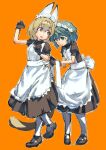  2girls absurdres alternate_costume animal_ears apron arairestaurant back_bow black_dress black_gloves black_hair blonde_hair blue_eyes bow brown_footwear cat_ears cat_girl cat_tail collared_dress commentary_request dress enmaided extra_ears gloves highres kaban_(kemono_friends) kemono_friends looking_at_another maid maid_apron maid_headdress mary_janes matching_outfit multiple_girls pantyhose puffy_short_sleeves puffy_sleeves serval_(kemono_friends) shoes short_hair short_sleeves standing standing_on_one_leg tail white_apron white_legwear yellow_eyes 