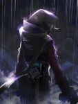  1girl apex_legends black_jacket black_scarf from_behind grey_hair gun holding holding_gun holding_weapon hood hood_up jacket official_alternate_costume peso_(honopesopeso) rain rift_stalker_wraith scarf solo weapon wraith_(apex_legends) 