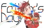  1boy background_text blush brown_hair closed_eyes father&#039;s_day gloves gotou_(pixiv37128) grin holding holding_sword holding_weapon jacket lloyd_irving looking_at_viewer male_focus red_gloves red_jacket simple_background smile solo spiky_hair sword tales_of_(series) tales_of_symphonia upper_body weapon white_background 