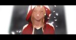  1boy automail bangs black_shirt blonde_hair blurry blurry_background cbow coat collarbone edward_elric fullmetal_alchemist glowing_petals hair_over_eyes highres hood hood_up hooded_coat letterboxed long_hair looking_at_viewer male_focus parted_bangs parted_lips petals portrait red_coat scar shirt solo sunlight yellow_eyes 