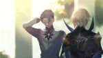  2boys bangs blonde_hair blurry blurry_background cape closed_eyes closed_mouth commentary_request dainsleif_(genshin_impact) day genshin_impact gloves grey_hair hair_between_eyes halfdan_(genshin_impact) hand_on_own_head high_collar highres male_focus multiple_boys nuime_(nuishiron) outdoors smile sweat upper_body 
