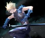  1boy armor bandaged_arm bandages bare_shoulders black_gloves blonde_hair blue_eyes blue_gloves closed_mouth cloud_strife cofffee dust dust_cloud earrings eyebrows_visible_through_hair final_fantasy final_fantasy_vii frown gloves holding holding_sword holding_weapon jewelry male_focus original pauldrons screw serious shoulder_armor single_bare_shoulder single_earring single_pauldron solo spiky_hair stud_earrings sword vambraces weapon 