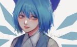  1girl bangs blue_dress blue_eyes blue_hair bow cirno collared_shirt dress hair_bow looking_to_the_side portrait shirt short_hair sketch smile solo tama_(ponz3o1) touhou twitter_username white_background white_shirt 