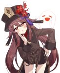  1girl black_shorts blush brown_hair eyebrows_visible_through_hair flower flower-shaped_pupils genshin_impact ghost hair_between_eyes hat highres hu_tao_(genshin_impact) jewelry long_hair looking_at_viewer open_mouth plum_blossoms pn_(wnsl216) porkpie_hat ring shorts symbol-shaped_pupils twintails white_background 