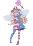  1girl absurdres american_flag_dress american_flag_pants arm_up bangs blonde_hair blush blush_stickers clownpiece commentary_request dress eyebrows_visible_through_hair fairy_wings fire full_body hand_up hat highres holding holding_torch jester_cap kame_(kamepan44231) long_hair looking_at_viewer neck_ruff no_shoes one-hour_drawing_challenge open_mouth pants polka_dot purple_fire purple_headwear red_eyes short_sleeves simple_background smile solo standing star_(symbol) star_in_eye star_print striped striped_dress striped_pants symbol_in_eye torch touhou white_background wings 