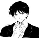  1boy 2022 adjusting_collar bangs closed_mouth cropped_torso dated fullmetal_alchemist gloves greyscale hair_between_eyes highres looking_at_viewer male_focus mini_(pixiv6327751) monochrome portrait roy_mustang shiny shiny_hair short_hair simple_background sketch smile solo white_background wing_collar 