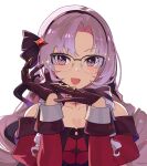  1girl :d bangs bare_shoulders blush brown_gloves chest_tattoo claw_ring dress glasses gloves hair_ornament hair_ribbon hairband hands_up highres hsin hyakumantenbara_salome juliet_sleeves light_purple_hair long_hair long_sleeves looking_at_viewer nijisanji off_shoulder puffy_sleeves purple_ribbon red_dress ribbon simple_background smile solo tattoo upper_body violet_eyes virtual_youtuber white_background 