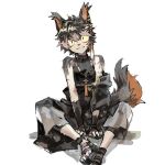  1boy :3 aak_(arknights) aak_(healing_hand_evil_heart)_(arknights) animal_ears aoaka05 arknights bangs bare_shoulders between_legs black_gloves black_hair black_shirt brown_fur colored_sclera ear_piercing fingerless_gloves furry furry_male gloves grey_fur hand_between_legs jacket jacket_partially_removed jewelry looking_at_viewer male_focus multicolored_fur multicolored_hair necklace piercing shirt shoes short_hair simple_background sitting sleeveless sleeveless_shirt smile solo tail v_arms white_background yellow_sclera 