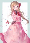  1girl axis_powers_hetalia blonde_hair bow braid buttons double-breasted dress falling_petals flower glasses hair_bow hair_ornament hairclip hand_on_own_chin hatake_hukuro highres holding holding_flower long_hair long_sleeves looking_at_viewer monaco_(hetalia) petals pink_dress single_braid smile tsurime 