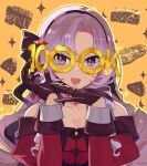  1girl :d bangs bare_shoulders blush brown_gloves chest_tattoo claw_ring dress glasses gloves hair_ornament hair_ribbon hairband hands_up highres hsin hyakumantenbara_salome juliet_sleeves light_purple_hair long_hair long_sleeves looking_at_viewer milestone_celebration nijisanji off_shoulder puffy_sleeves purple_ribbon red_dress ribbon smile solo tattoo upper_body violet_eyes virtual_youtuber yellow_background 