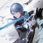 1boy anna_(drw01) bangs black_gloves blue_eyes blue_hair closed_mouth commentary_request genshin_impact gloves grey_background hair_between_eyes highres holding holding_sword holding_weapon japanese_clothes kamisato_ayato katana long_hair male_focus mole mole_under_mouth simple_background solo sword twitter_username upper_body water weapon wide_sleeves 