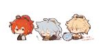  3boys aether_(genshin_impact) alternate_costume alternate_hairstyle antenna_hair bangs black_gloves blonde_hair chibi closed_eyes commentary_request diluc_(genshin_impact) electric_fan genshin_impact gloves grey_hair holding hood hood_down long_hair male_focus multiple_boys nnz parted_lips ponytail razor_(genshin_impact) redhead scar scar_on_face simple_background smile sweat twitter_username upper_body white_background 