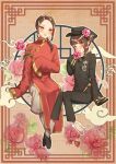  1boy 1girl axis_powers_hetalia china_(hetalia) chinese_clothes cloud_background double_bun dress dual_persona floral_background genderswap genderswap_(mtf) hair_bun hatake_hukuro highres side_slit sleeves_past_wrists 