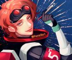  1girl apex_legends black_gloves blue_eyes from_side gloves goggles goggles_on_head holding holding_pen horizon_(apex_legends) looking_at_viewer orange_hair pen portrait smile solo space spacesuit sparkle tama_(ponz3o1) 