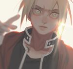  1boy alternate_eye_color automail backlighting bangs black_jacket black_shirt blonde_hair blurry braid braided_ponytail cbow closed_mouth coat depth_of_field dutch_angle edward_elric fullmetal_alchemist gloves green_eyes hair_between_eyes hand_up jacket lips long_sleeves looking_afar male_focus mechanical_arms parted_bangs portrait red_coat shirt single_braid single_mechanical_arm solo white_gloves yellow_background 