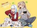  2girls blanket blue_hair blue_nails brown_hair casual christmas_sweater collarbone controller english_text food_in_mouth furen_e_lustario hinagi_(fox_priest) holding holding_controller lize_helesta long_hair long_sleeves merry_christmas mouth_hold multicolored_hair multiple_girls nijisanji pants ponytail red_eyes red_nails ribbed_sweater sitting smile sweat sweater tongue tongue_out two-tone_hair violet_eyes virtual_youtuber white_hair yellow_background 