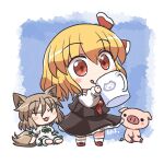  2girls animal animal_ears ascot barefoot black_skirt black_vest blonde_hair closed_eyes closed_mouth collared_shirt cup eyebrows_visible_through_hair fox_ears fox_tail hair_between_eyes hair_ribbon holding holding_cup kudamaki_tsukasa light_brown_hair multiple_girls open_mouth pig red_ascot red_eyes red_footwear red_ribbon ribbon rokugou_daisuke romper rumia shirt shoes short_hair short_sleeves signature skirt smile tail tongue tongue_out touhou vest white_romper white_shirt 