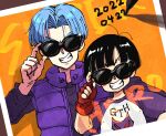  1boy 1girl adjusting_eyewear bangs black-framed_eyewear black_hair black_shirt blue_hair blush_stickers commentary_request copyright_name dated dragon_ball dragon_ball_super dragon_ball_super_super_hero female_child fingerless_gloves glint gloves grin hand_on_eyewear highres jacket mayoi_meemee pan_(dragon_ball) pen photo_(object) purple_jacket purple_shirt red_gloves shirt short_hair smile sunglasses t-shirt trunks_(dragon_ball) v-shaped_eyebrows white_shirt 