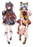  2girls absurdres blue_hair brown_hair eyebrows_visible_through_hair flat_chest full_body genshin_impact hair_ornament highres hu_tao_(genshin_impact) looking_at_viewer luxi_7257 multiple_girls red_eyes socks standing tagme waving white_background xiangling_(genshin_impact) yellow_eyes 