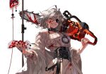  1girl bandages belt black_survival blood blood_bag blood_on_clothes blood_on_face blood_on_hands chainsaw collar cowboy_shot cuffs dress english_commentary eyepatch grey_hair grin hair_between_eyes highres holding holding_chainsaw intravenous_drip jackie_quilt korean_commentary looking_at_viewer mixed-language_commentary red_eyes scar scar_on_face sendro short_hair slit_pupils smile solo torn_clothes white_background white_hair 