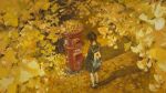  backpack bag black_hair braid falling_leaves from_above highres japanese_cylindrical_postbox leaf looking_down original postbox_(outgoing_mail) school_uniform tree twin_braids xiaobanbei_milk yellow_leaves 
