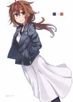  brown_eyes brown_hair color_guide dress hair_flaps hairband hand_in_pocket highres jacket kantai_collection leather leather_jacket long_hair red_hairband shiratsuyu_(kancolle) simple_background smile sugue_tettou twitter_username white_dress 