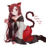  animal_ear_fluff animal_ears bangs black_footwear brooch brown_hair cat_ears cat_tail closed_mouth dress english_text fingernails himuhino imaizumi_kagerou jewelry long_fingernails long_hair long_sleeves looking_at_viewer red_dress red_eyes red_nails simple_background smile tail touhou two-tone_dress white_background white_dress wide_sleeves 