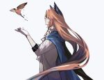  1boy aosadekuermanpifa arknights bird blue_cape cape coat from_side gloves grey_background hand_up head_wings highres long_hair male_focus orange_hair passenger_(arknights) short_sleeves simple_background solo upper_body very_long_hair white_coat white_gloves 