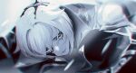  1boy bangs blood blood_on_face coat dainsleif_(genshin_impact) genshin_impact greyscale hair_between_eyes hair_flaps half_mask highres looking_at_viewer lying male_focus mask mask_over_one_eye monochrome nuime_(nuishiron) on_stomach parted_lips solo 