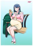1boy 1girl artist_request blue_hair character_request crepe hair_ornament pregnant shoes skirt smile tagme