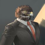  1boy arbbun bird_boy black_suit collared_shirt formal furry furry_male highres male_focus muscular muscular_male necktie orange_necktie original shirt solo striped_suit suit textless_version undershirt upper_body white_shirt 