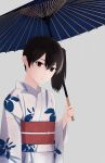  brown_eyes brown_hair grey_background highres holding holding_umbrella japanese_clothes kaga_(kancolle) kantai_collection kimono long_hair looking_at_viewer oil-paper_umbrella side_ponytail simple_background umbrella upper_body yuu+ 