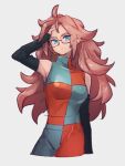  1girl android_21 blue_eyes breasts checkered_clothes checkered_dress closed_mouth dragon_ball dragon_ball_fighterz dress earrings glasses grey_background hoop_earrings jewelry kemachiku long_hair looking_at_viewer medium_breasts redhead simple_background solo 