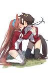  2girls animal_ears black_hair black_legwear blush closed_mouth commentary_request daiwa_scarlet_(umamusume) full_body grass hair_over_one_eye highres horse_ears horse_girl horse_tail imminent_kiss jacket kneeling long_hair looking_at_another multiple_girls poco. redhead simple_background sketch tail tiara track_jacket twintails umamusume vodka_(umamusume) white_background white_legwear yuri 