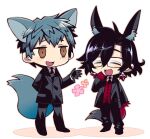  2boys :d ^_^ animal_ear_fluff animal_ears animal_request arm_behind_back bags_under_eyes black_footwear black_gloves black_hair black_jacket black_necktie black_pants black_suit blue_hair brown_eyes chibi closed_eyes collared_shirt constantine_xi_(fate) earrings extra_ears fate/grand_order fate_(series) flower_(symbol) formal full_body glasses gloves gradient_fur hair_between_eyes hand_to_own_mouth jacket jewelry kemonomimi_mode male_focus multiple_boys necktie open_hand pants red_gloves red_vest saitou_hajime_(fate) shirt short_hair simple_background smile spiky_hair suit suit_jacket tail touma_rui vest white_background white_shirt 