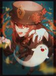  1girl black_nails brown_hair chinese_clothes coat eyebrows_visible_through_hair flower flower-shaped_pupils genshin_impact ghost hair_between_eyes hat highres hu_tao_(genshin_impact) jewelry long_hair looking_at_viewer open_mouth plum_blossoms porkpie_hat red_eyes ring symbol-shaped_pupils takenaka_enj0y 